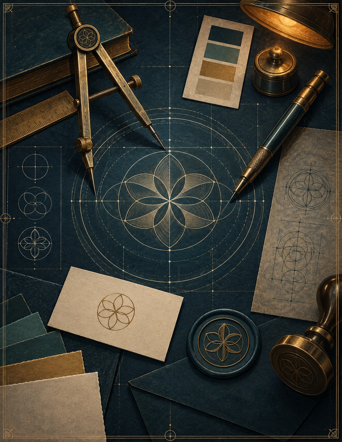 Drafting tools constructing a geometric identity repeated across cards and a sign